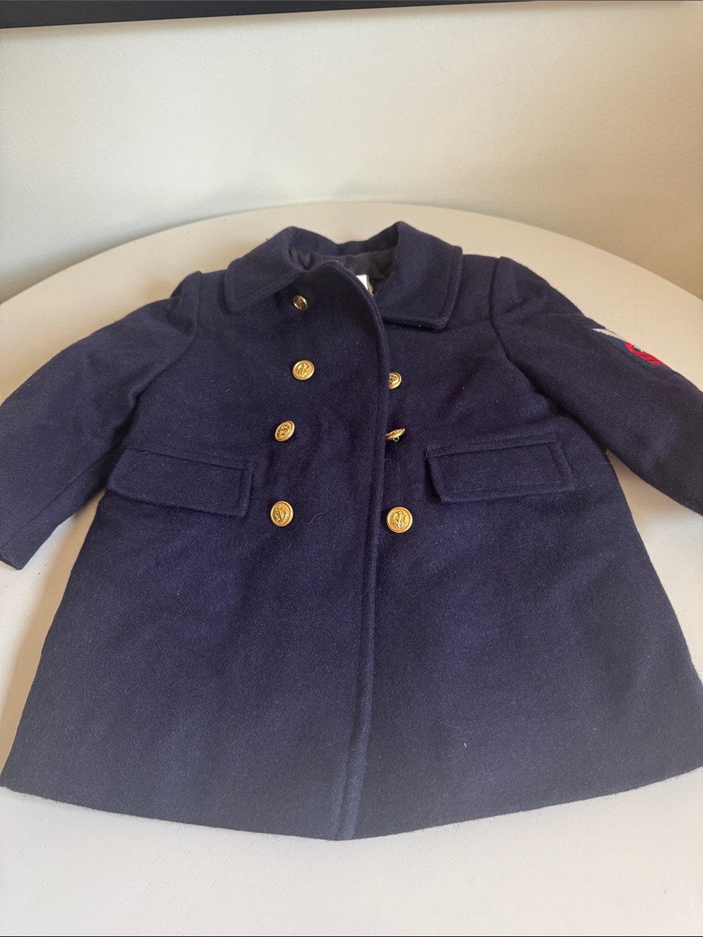 Vintage 90s Navy Sailor Style Double-Breasted Kids Pea Coat with Gold Buttons